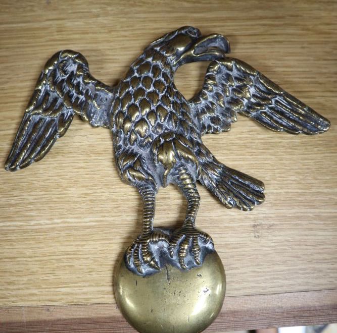 A set of three Victorian papier mache snuff boots, 8cm, a bank nameplate and ornamental brassware (8)